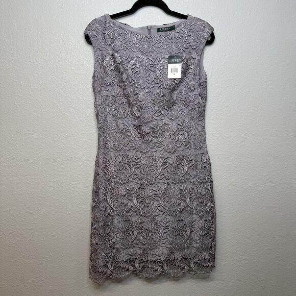 NEW Lauren Ralph Lauren Gray Evening Mesh Overlay Dress Size 8 - Picture 2 of 5